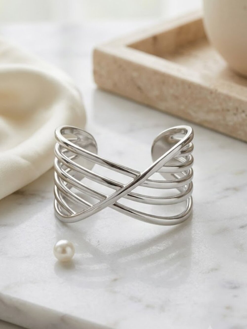 18K White Gold Plated Crisscross Open Band Ring Adjustable Minimalist Sizes 6-9
